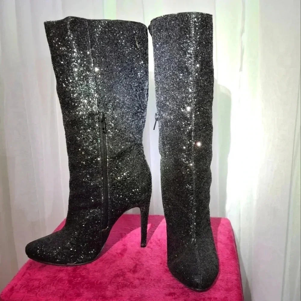 JUSTFAB black sparkle stiletto mid calf boots  size 7.5 us